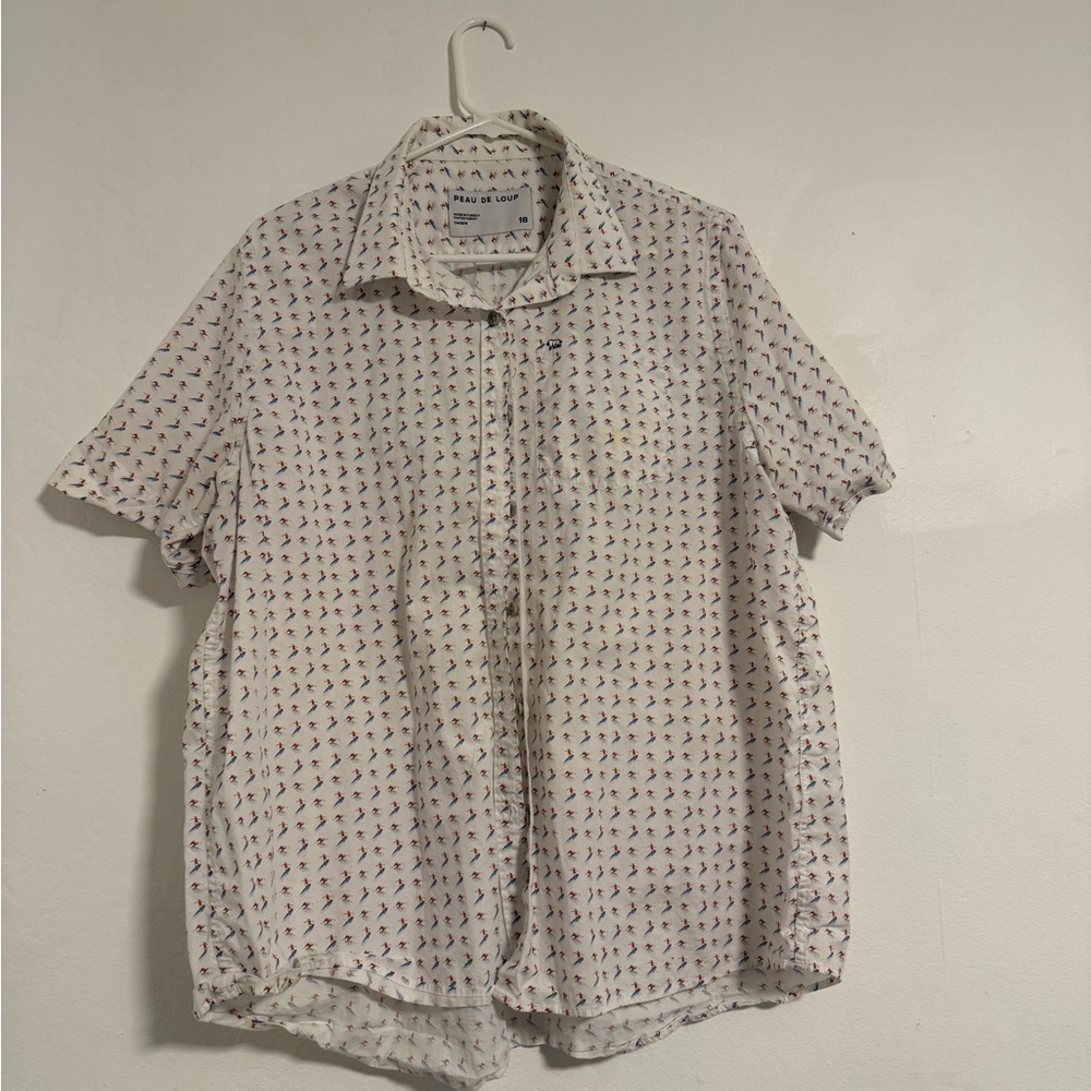 Peau De Loup White Short-Sleeve Button Down with Tiny Multicolor Print